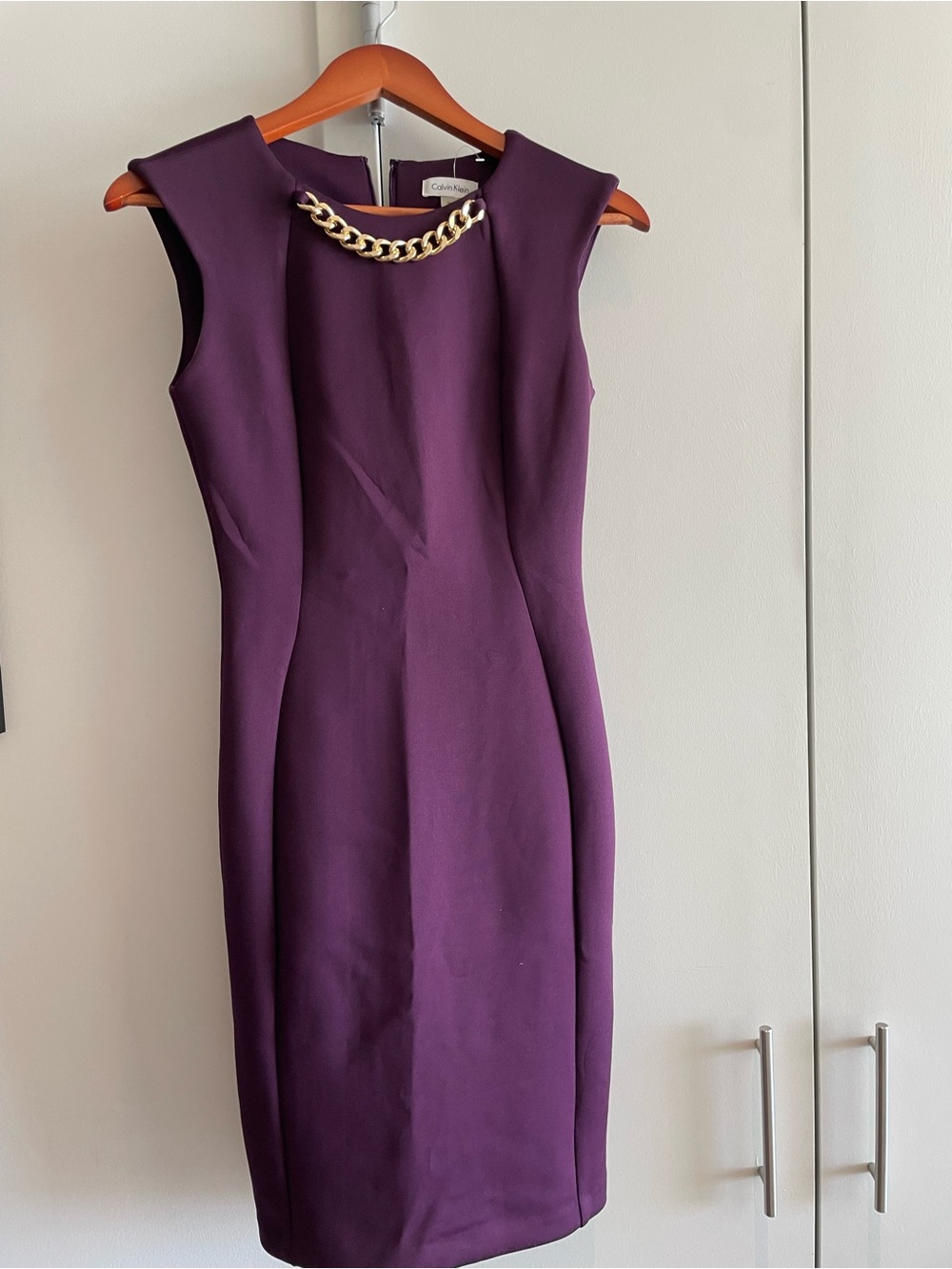 Calvin Klein Plum Sheath Dress with Gold Chain Accent
